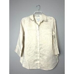 Chicos Linen Metallic Sheen‎ 3/4 Sleeve Button Up Shirt Women Sz 1